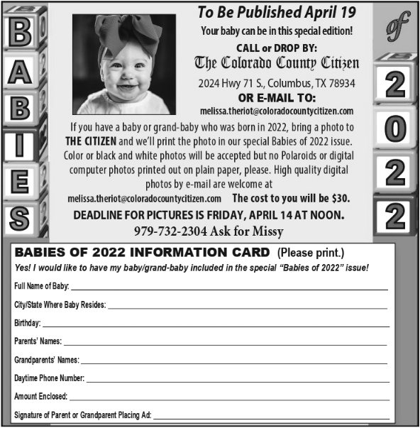 Send Baby's Photos For Special Issue in Columbus, TX, Newspapers - The Colorado  County Citizen - Columbus