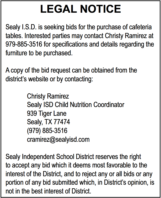 Seeking Bids For The Purchase Of Cafeteria Tables in Sealy, TX, Schools -  Sealy Independent School District