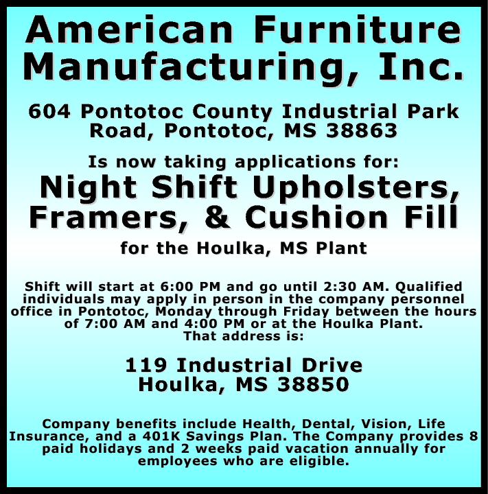 Now Taking Applications For American Furniture Manufacturing Inc